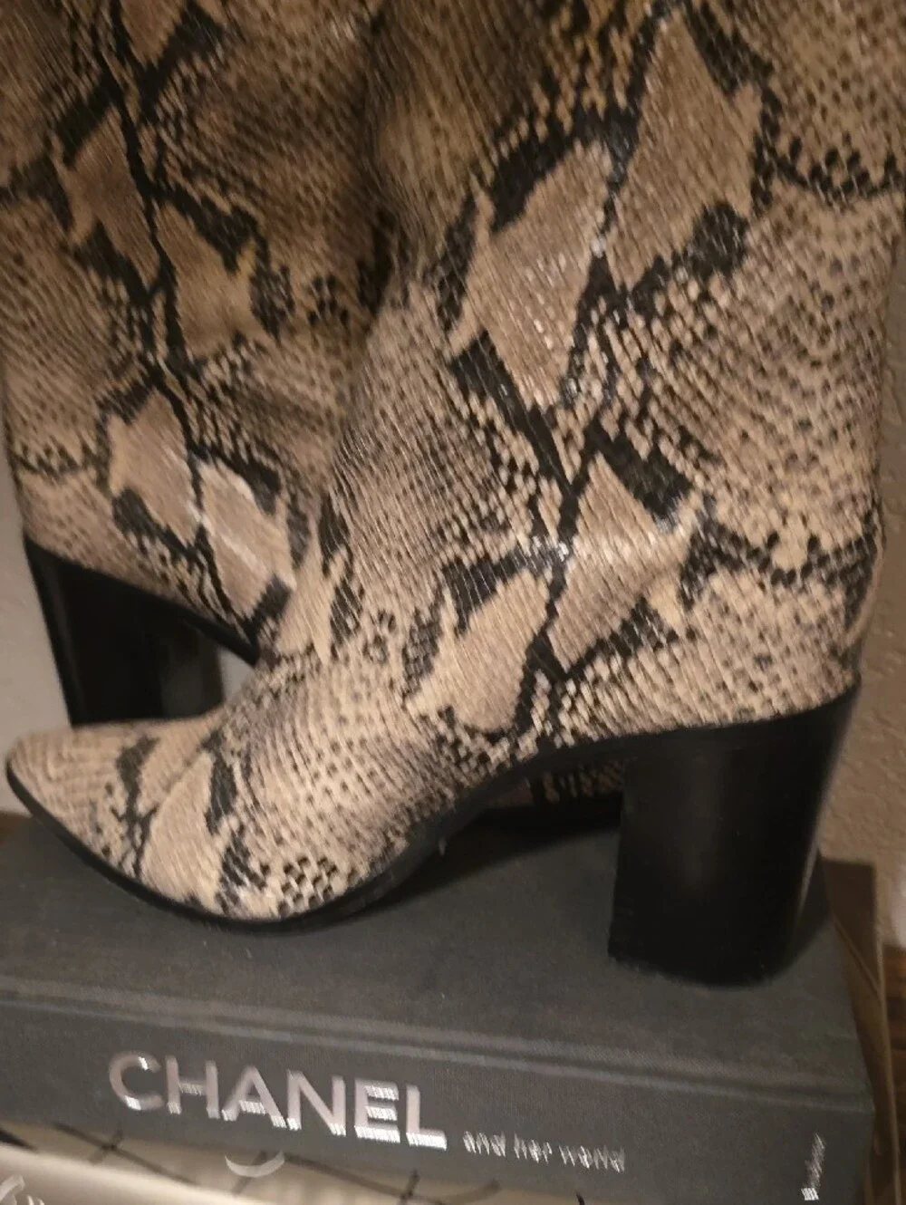 SCHUTZ Snake-Print Over-the-Knee Boots in Beige & Black